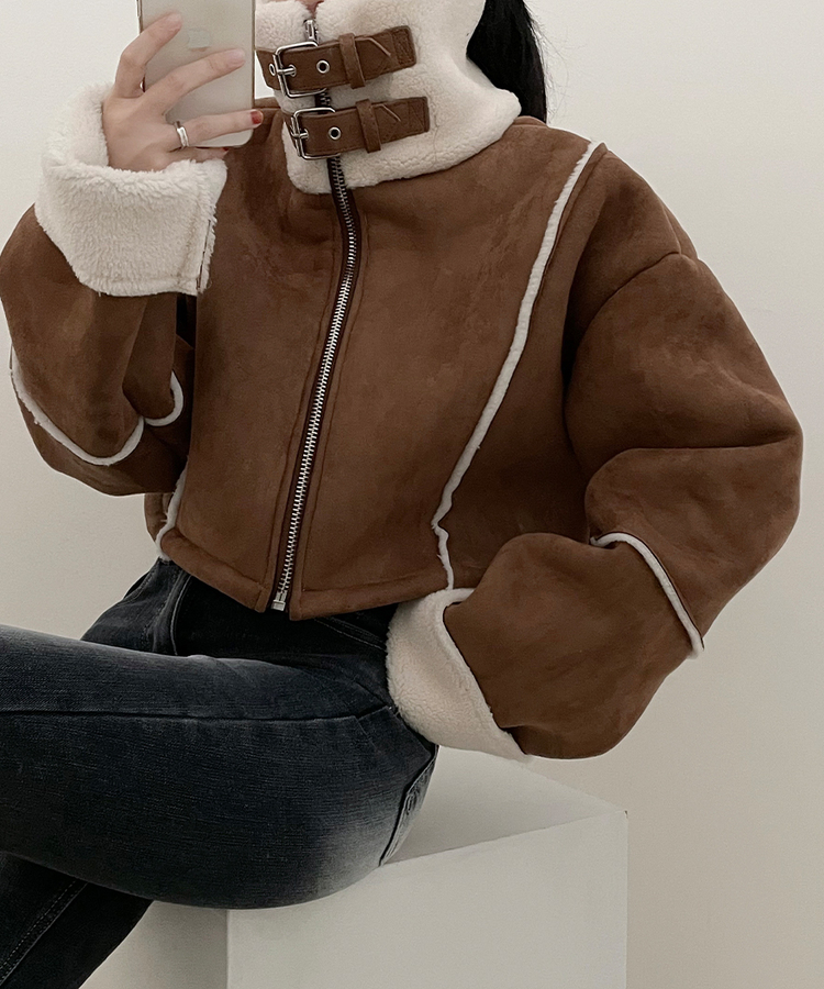 버클하이넥양털스웨이드무스탕자켓 밤색