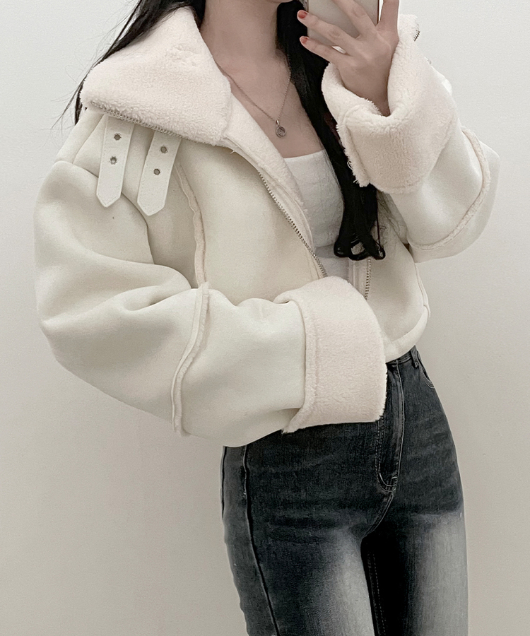 버클하이넥양털스웨이드무스탕자켓 아이보리