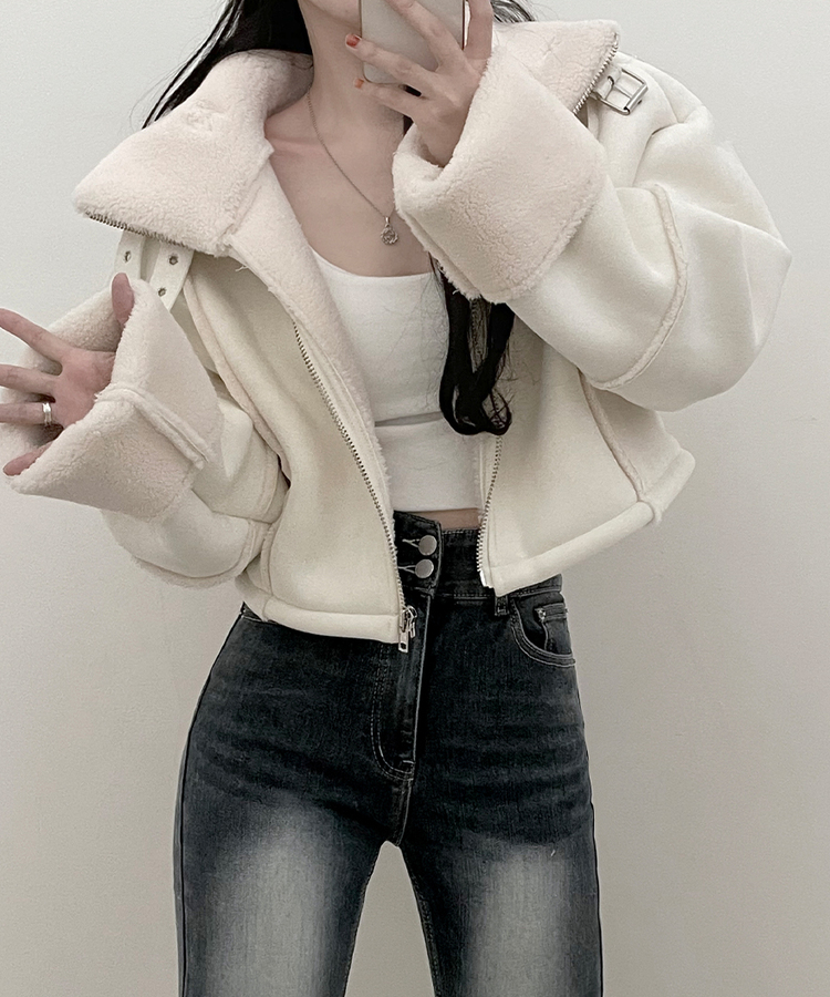 버클하이넥양털스웨이드무스탕자켓 아이보리