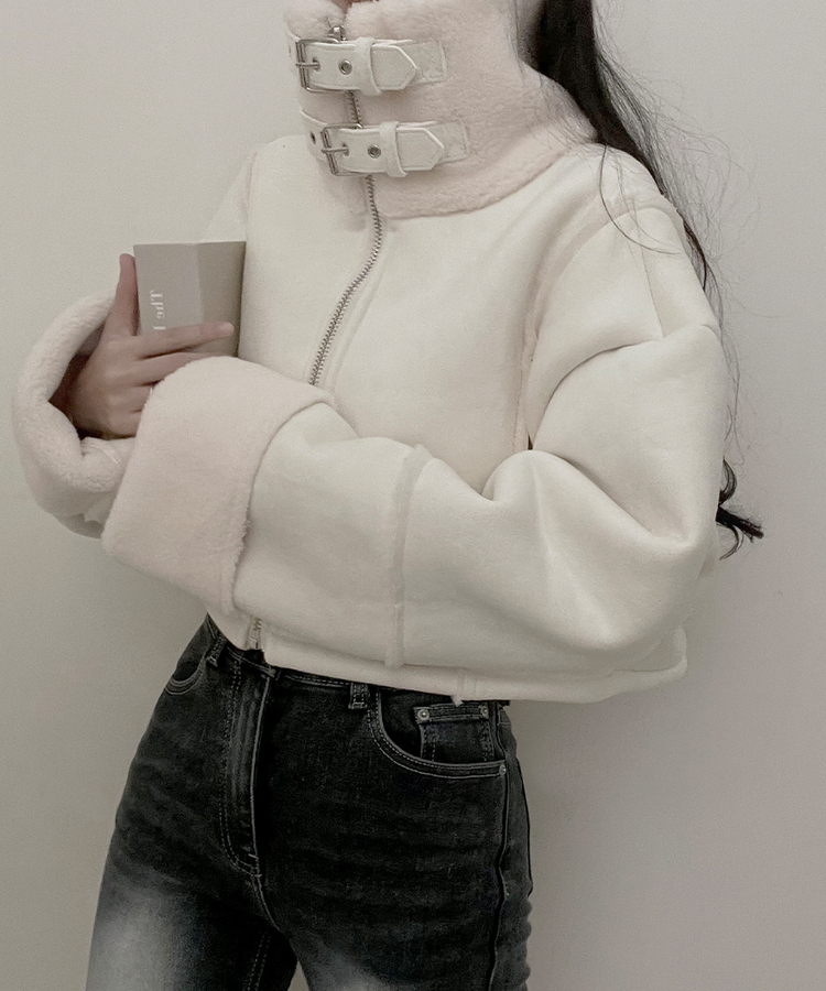 버클하이넥양털스웨이드무스탕자켓 아이보리