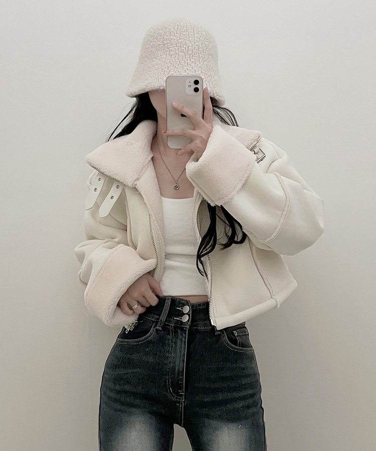 버클하이넥양털스웨이드무스탕자켓 아이보리