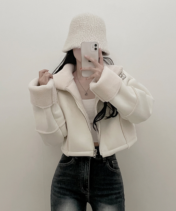 버클하이넥양털스웨이드무스탕자켓 아이보리