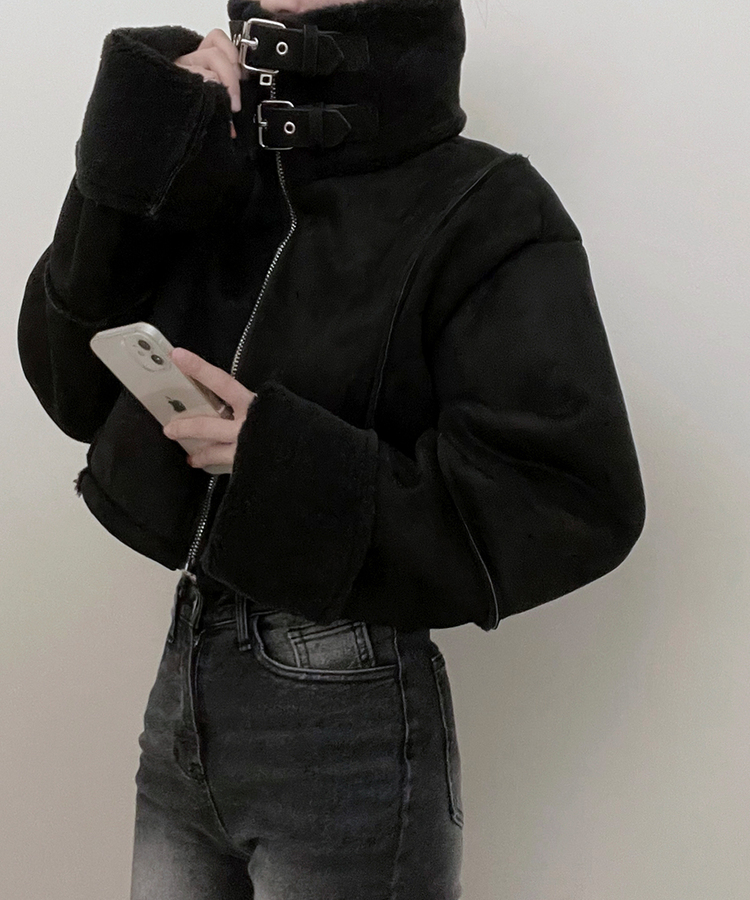 버클하이넥양털스웨이드무스탕자켓 블랙
