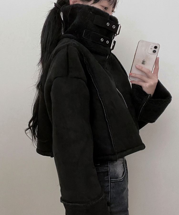 버클하이넥양털스웨이드무스탕자켓 블랙