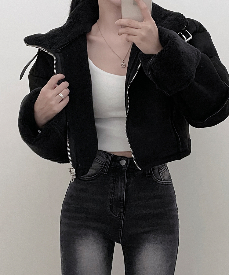 버클하이넥양털스웨이드무스탕자켓 블랙