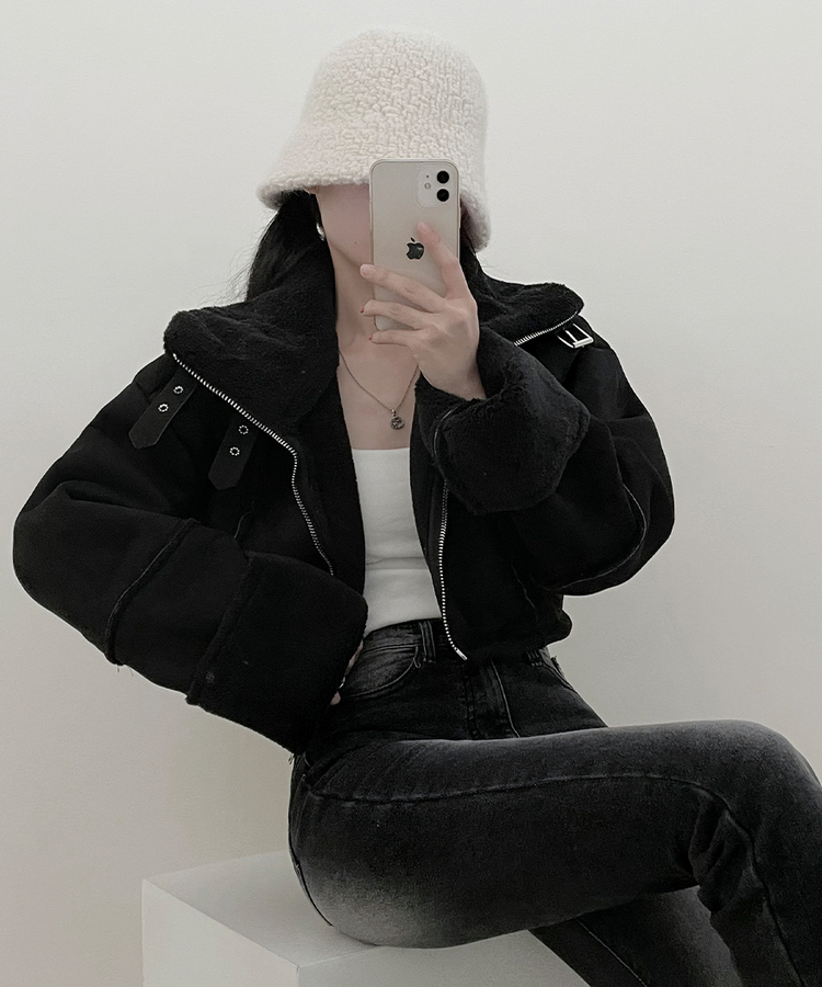 버클하이넥양털스웨이드무스탕자켓 블랙