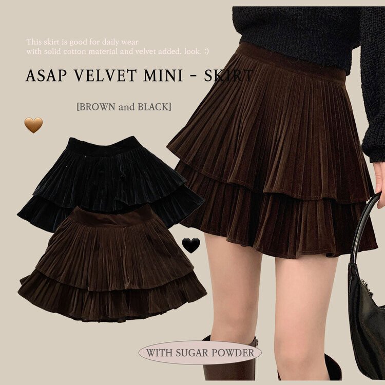 피어나 연말룩 벨벳 플리츠 캉캉 미니 스커트 2color 브라운