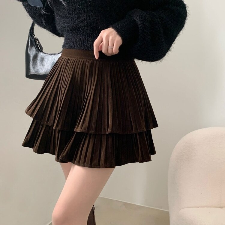 피어나 연말룩 벨벳 플리츠 캉캉 미니 스커트 2color 브라운