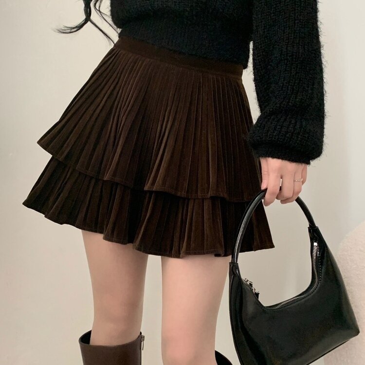 피어나 연말룩 벨벳 플리츠 캉캉 미니 스커트 2color 브라운
