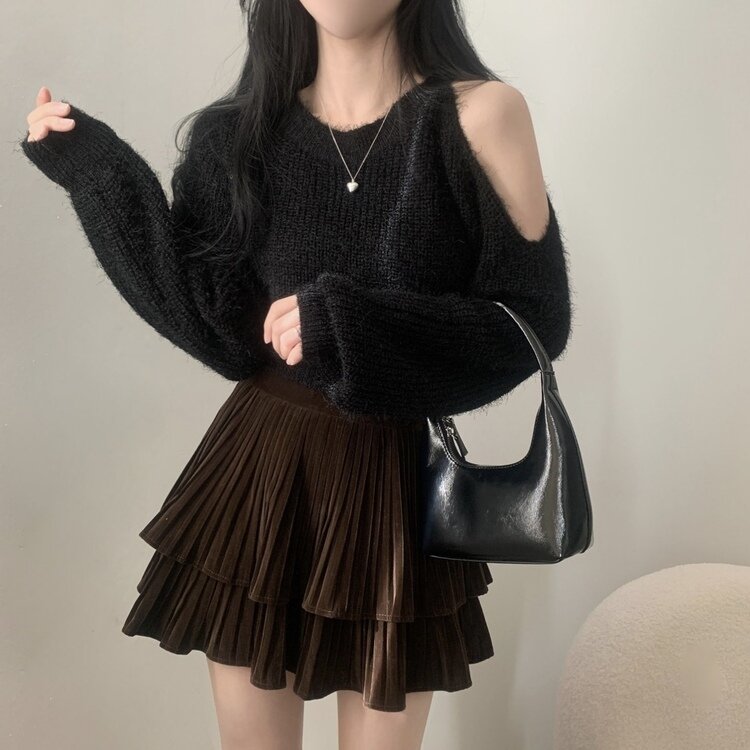 피어나 연말룩 벨벳 플리츠 캉캉 미니 스커트 2color 브라운