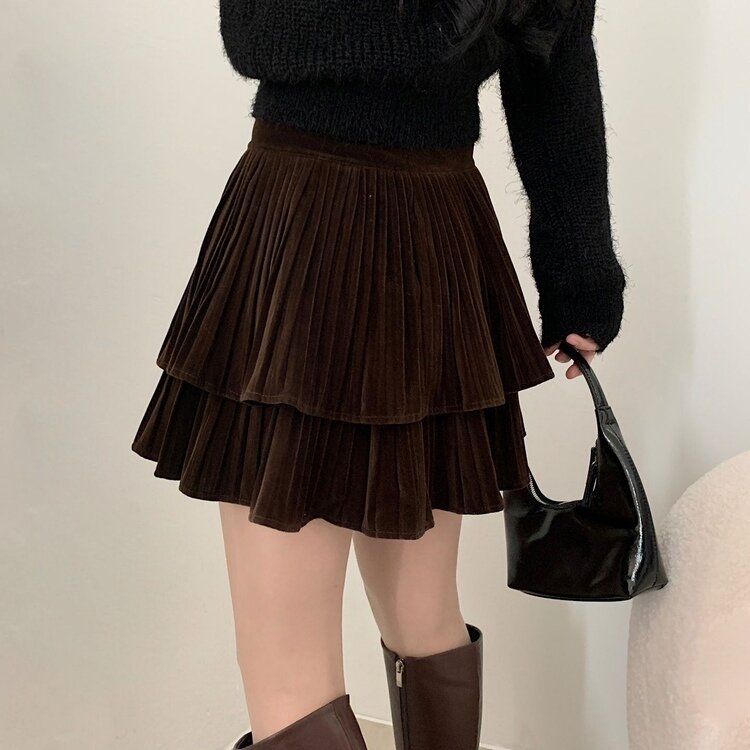 피어나 연말룩 벨벳 플리츠 캉캉 미니 스커트 2color 브라운