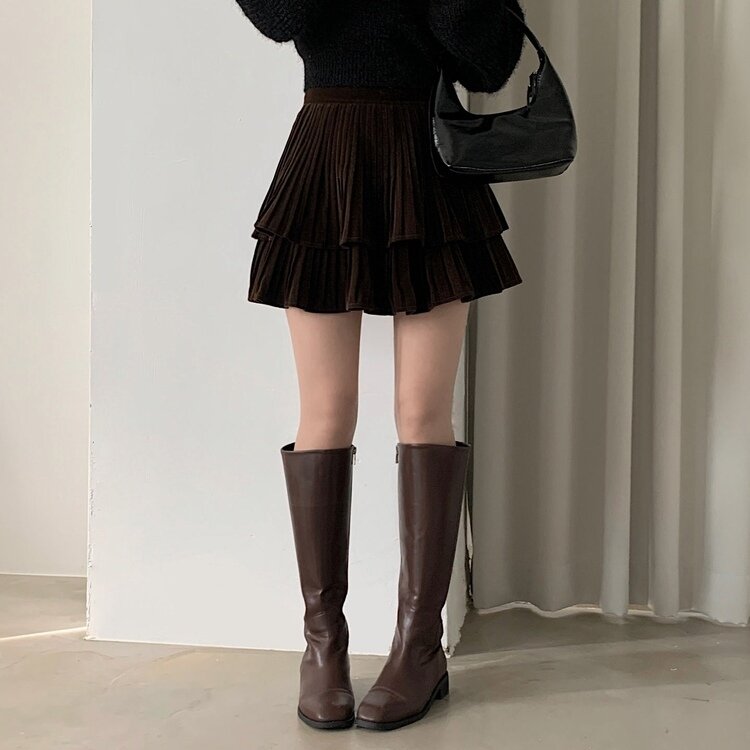 피어나 연말룩 벨벳 플리츠 캉캉 미니 스커트 2color 브라운