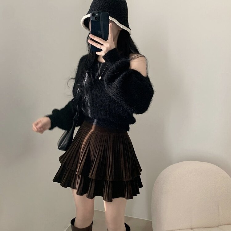 피어나 연말룩 벨벳 플리츠 캉캉 미니 스커트 2color 브라운