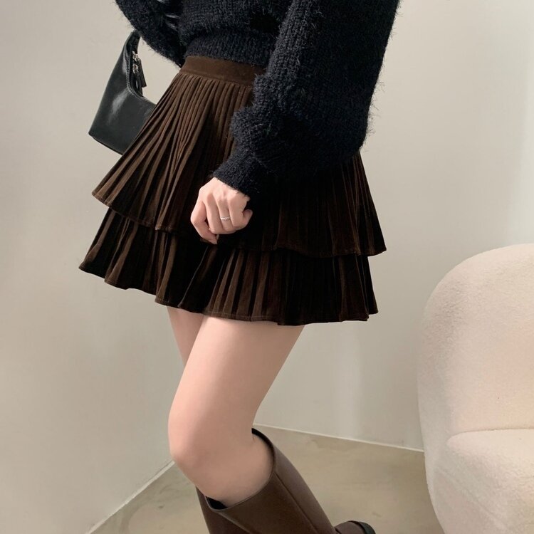 피어나 연말룩 벨벳 플리츠 캉캉 미니 스커트 2color 브라운