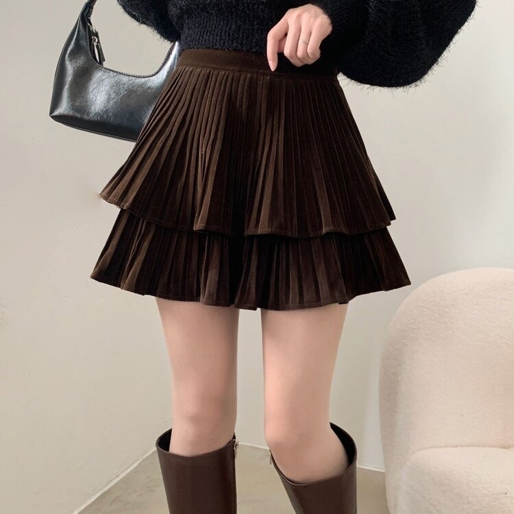 피어나 연말룩 벨벳 플리츠 캉캉 미니 스커트 2color 브라운