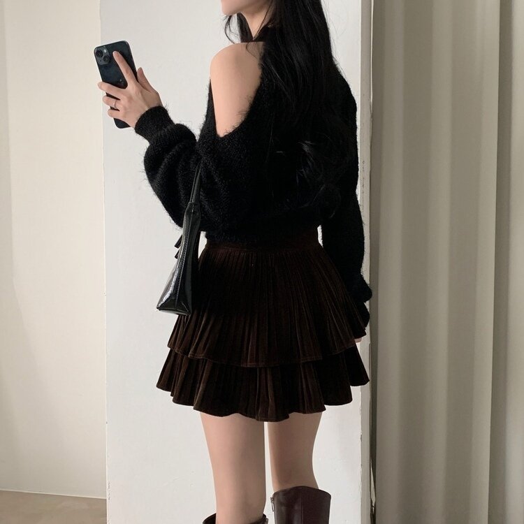 피어나 연말룩 벨벳 플리츠 캉캉 미니 스커트 2color 브라운