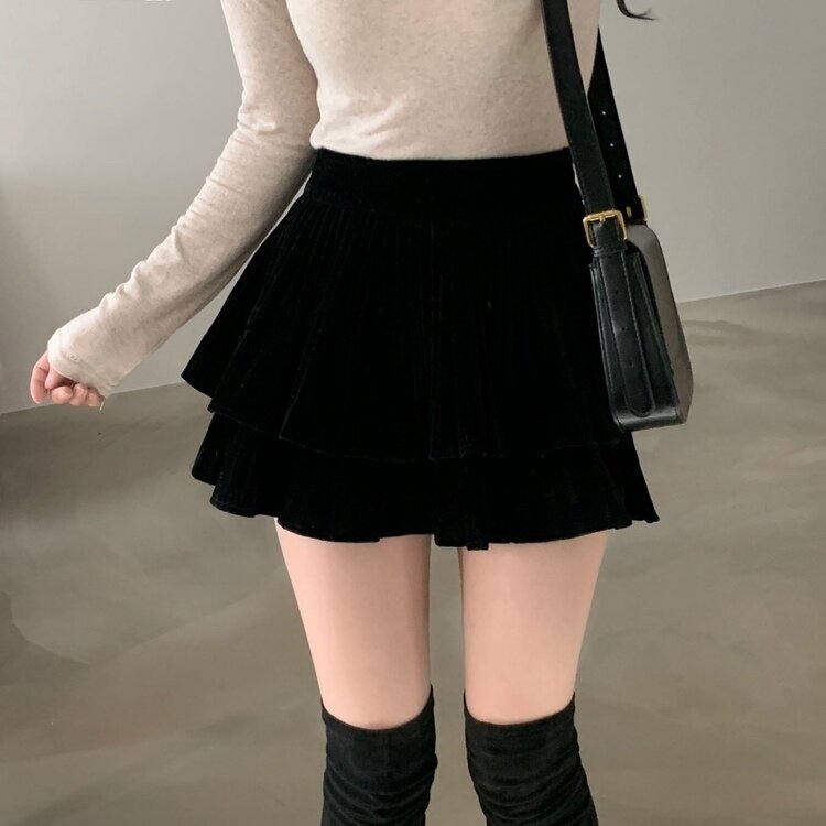 피어나 연말룩 벨벳 플리츠 캉캉 미니 스커트 2color 블랙