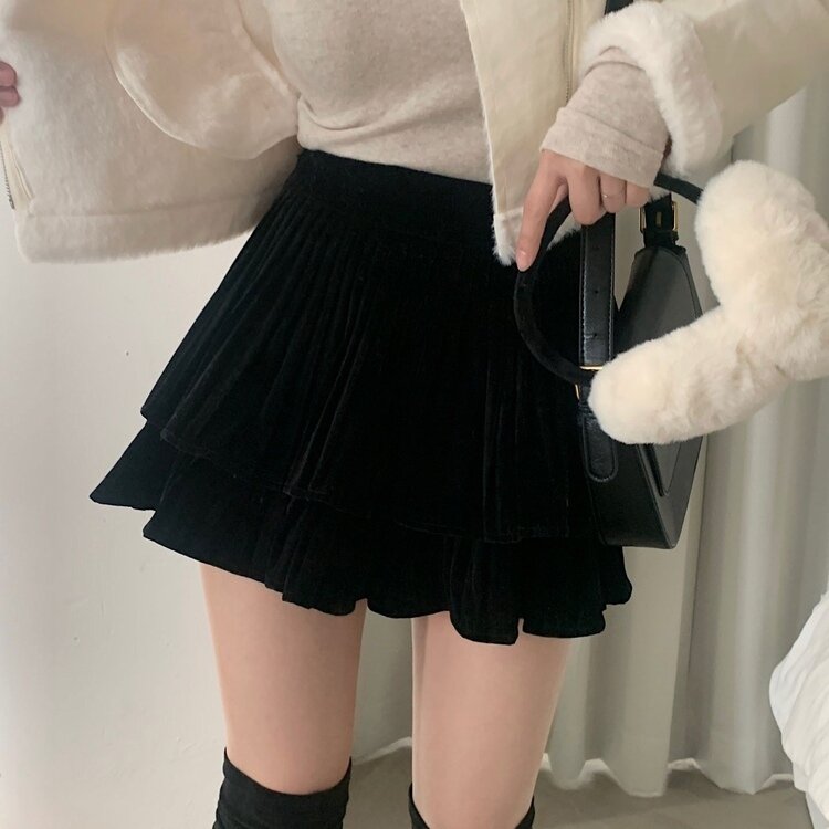 피어나 연말룩 벨벳 플리츠 캉캉 미니 스커트 2color 블랙