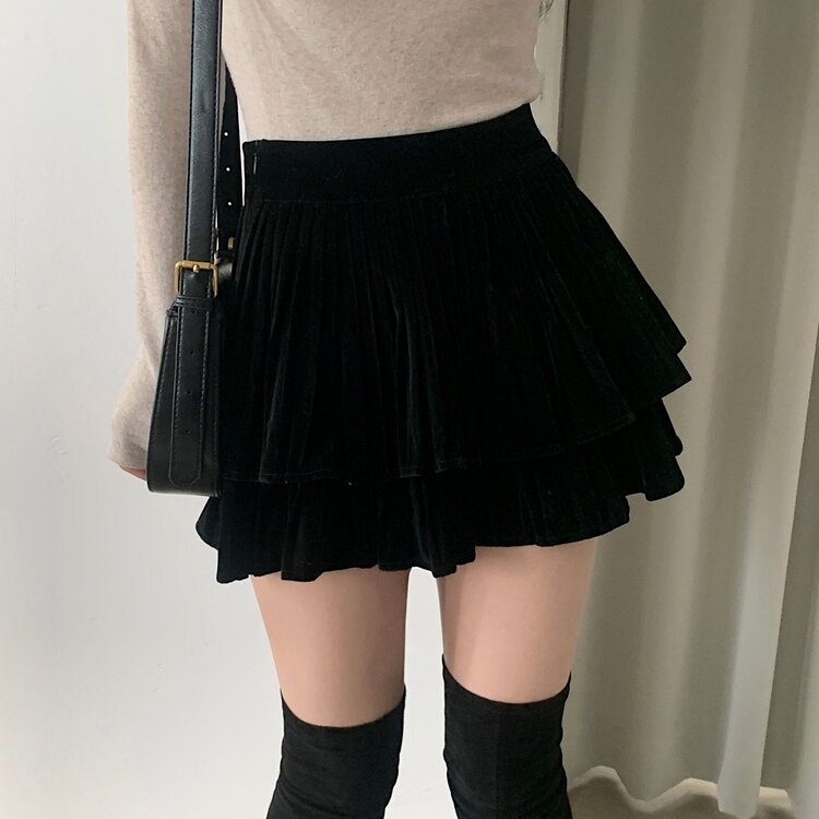 피어나 연말룩 벨벳 플리츠 캉캉 미니 스커트 2color 블랙