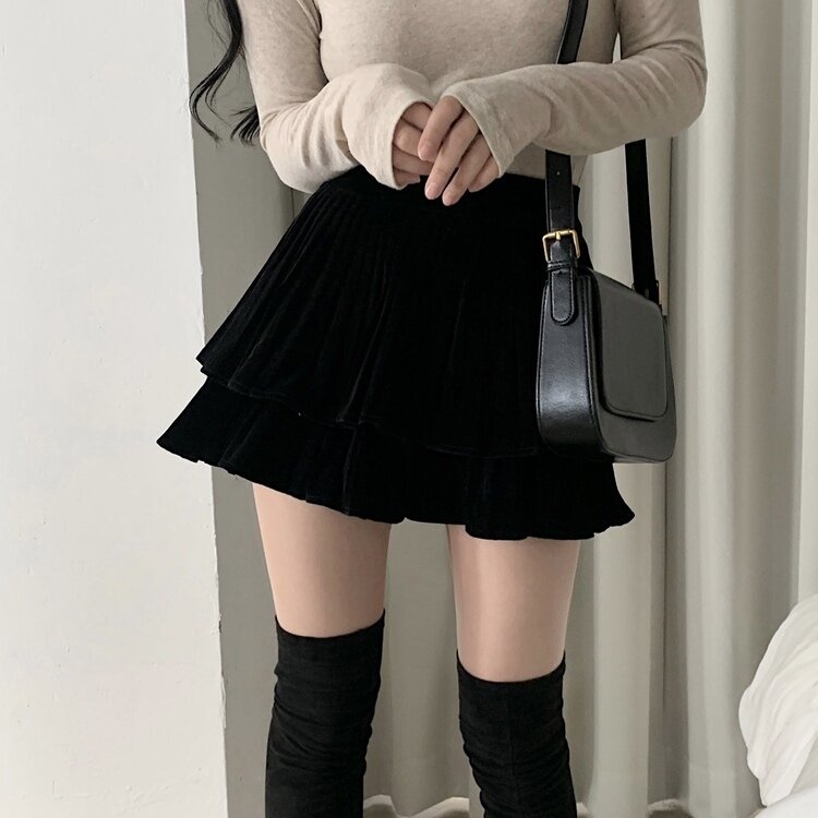 피어나 연말룩 벨벳 플리츠 캉캉 미니 스커트 2color 블랙