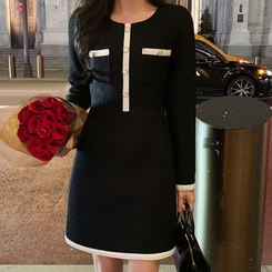 配色ツイードワンピース｜ミニワンピース｜韓国ファッション通販