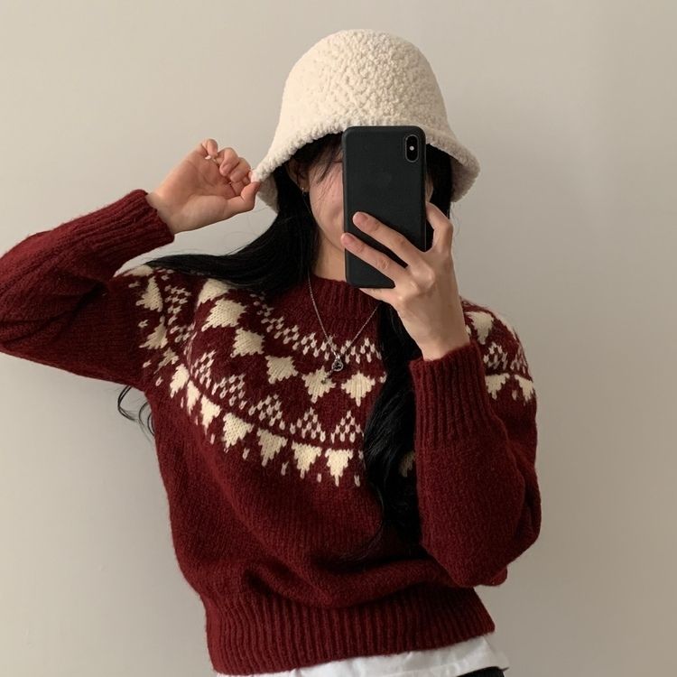 SNT19494 ノルディック刺繍スタンダードフィットラウンドニット