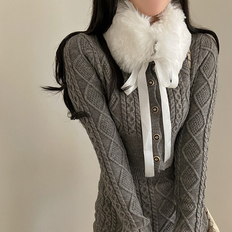 SET】ファーマフラー＋クロップニットカーディガン＋ミニ