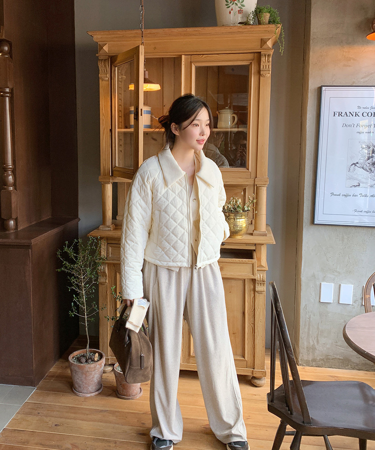 コーデュロイカラーネックキルティングクロップジャケット｜ダウン