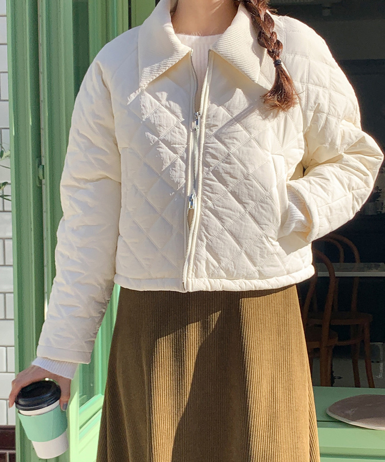 コーデュロイカラーネックキルティングクロップジャケット