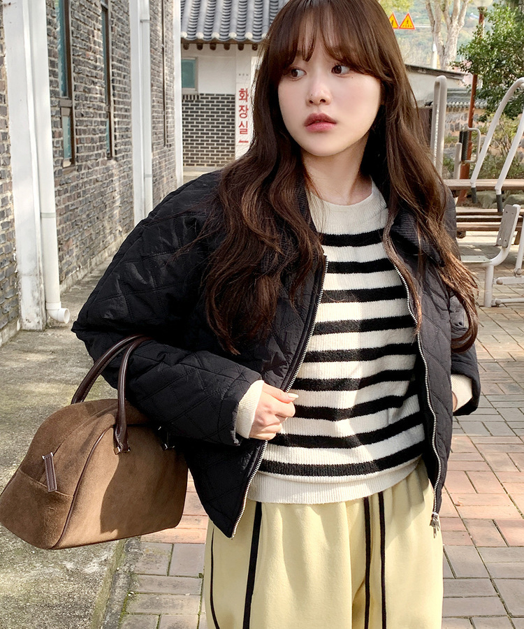 コーデュロイカラーネックキルティングクロップジャケット