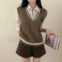 スクールルックワッペン刺繍ケーブルVネックニットベスト