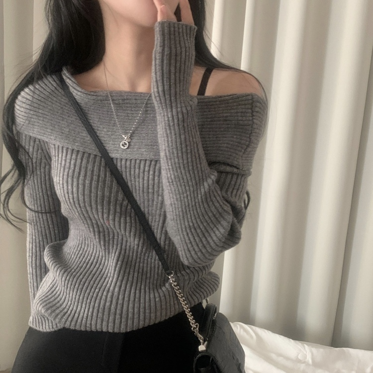 シンプルリブオフショルダーニット CHARCOAL