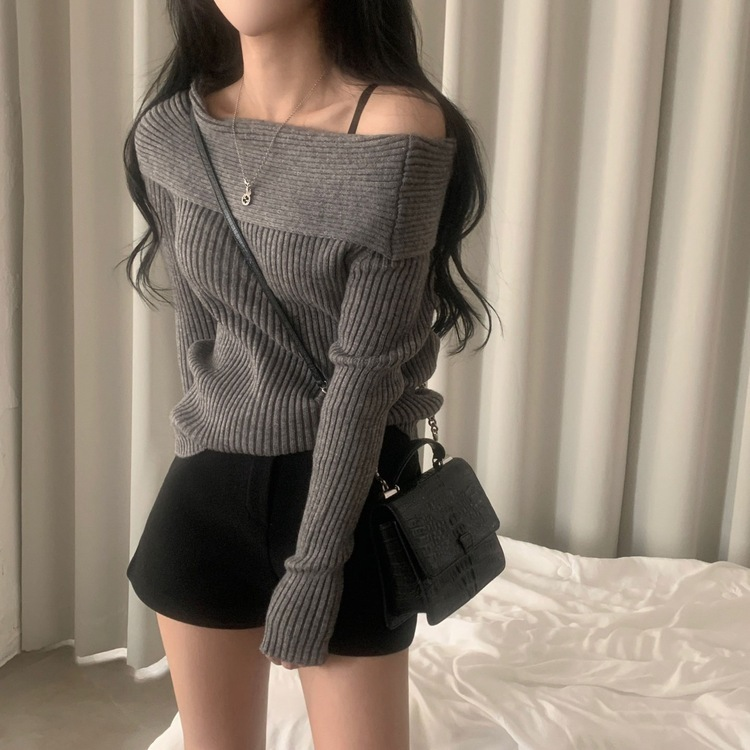 シンプルリブオフショルダーニット CHARCOAL