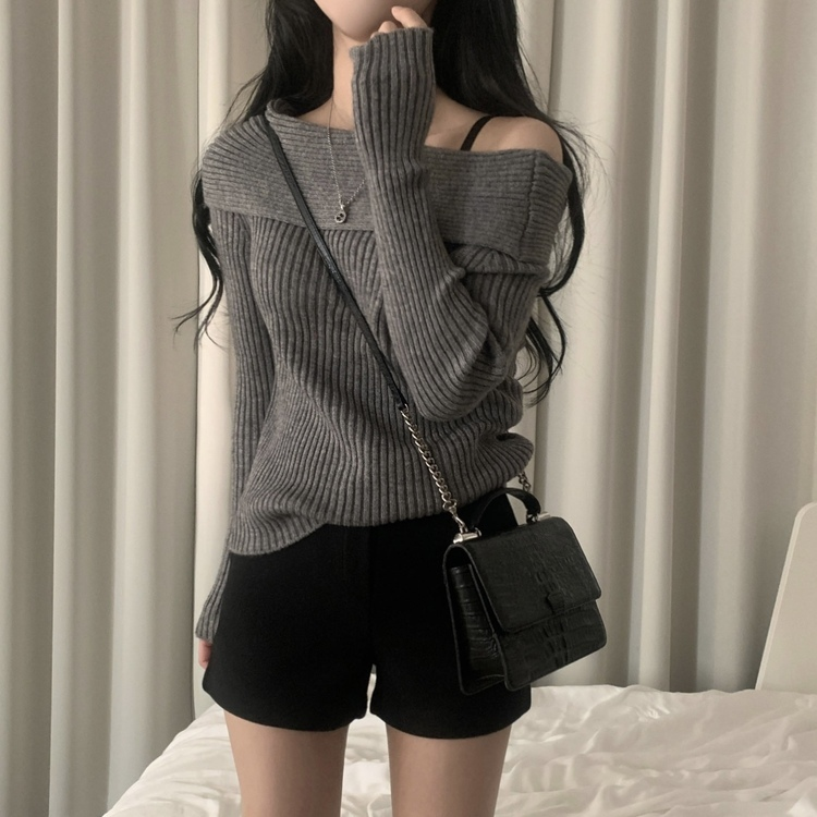 シンプルリブオフショルダーニット CHARCOAL