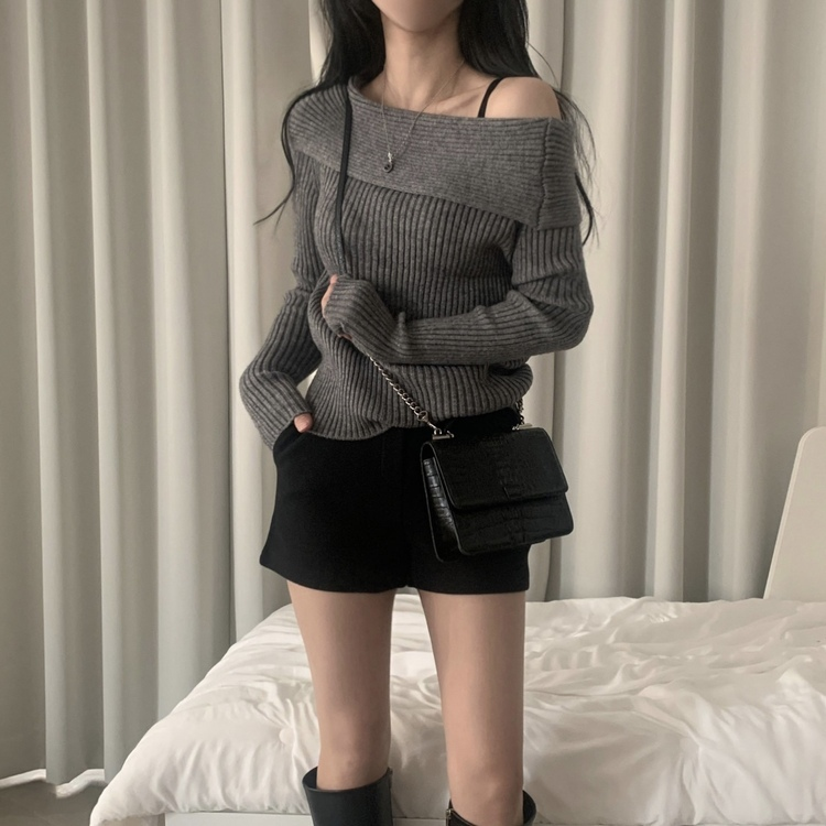 シンプルリブオフショルダーニット CHARCOAL