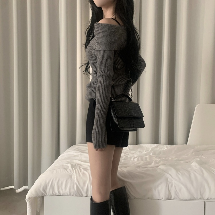 シンプルリブオフショルダーニット CHARCOAL