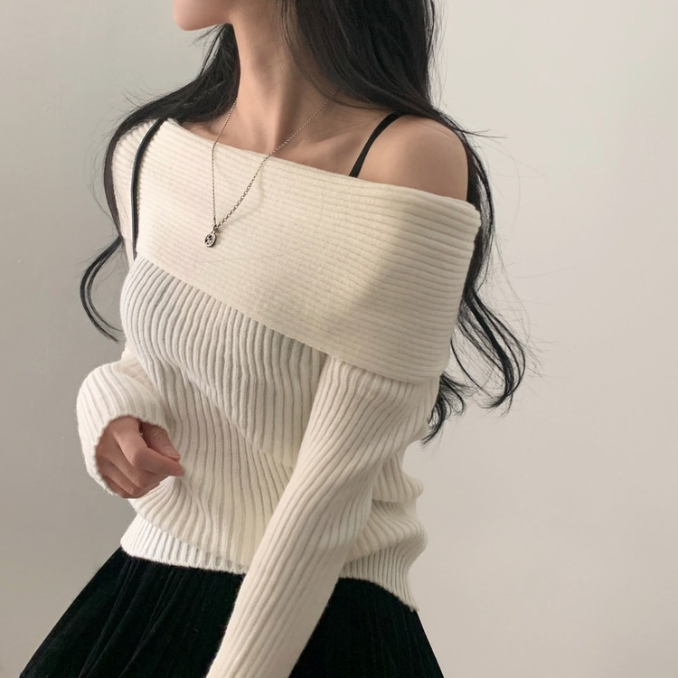 シンプルリブオフショルダーニット IVORY