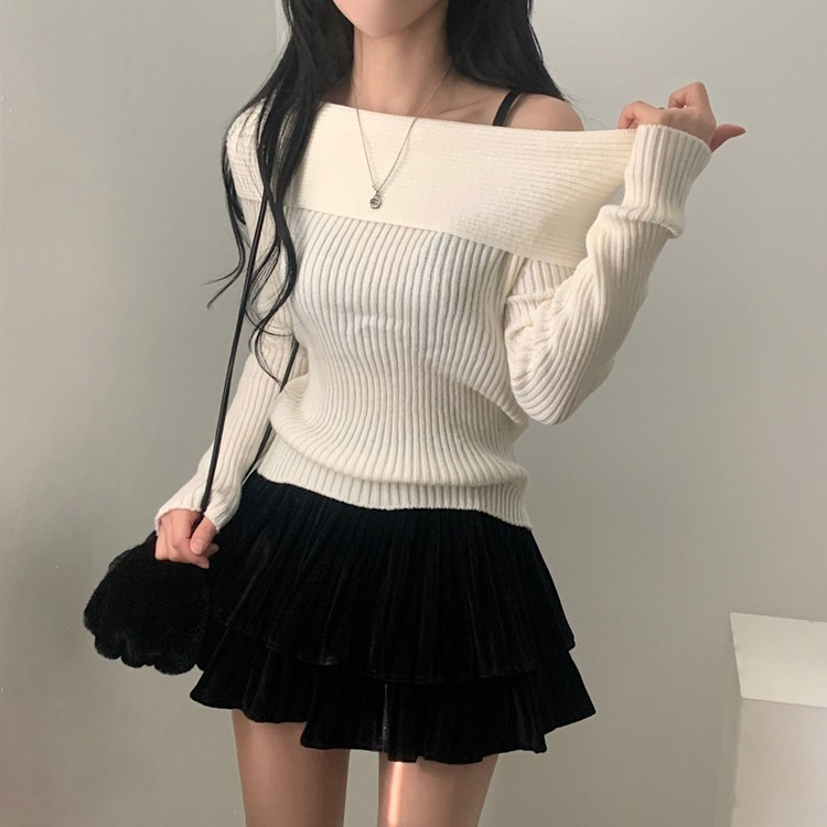 シンプルリブオフショルダーニット IVORY