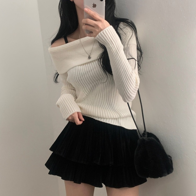 シンプルリブオフショルダーニット IVORY