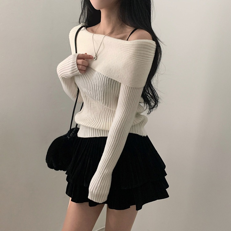 シンプルリブオフショルダーニット IVORY