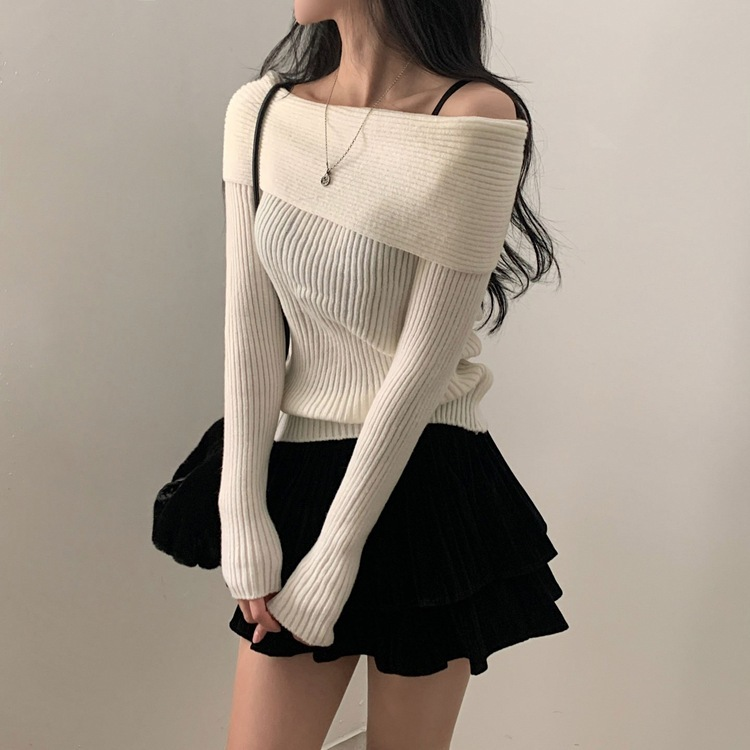 シンプルリブオフショルダーニット IVORY