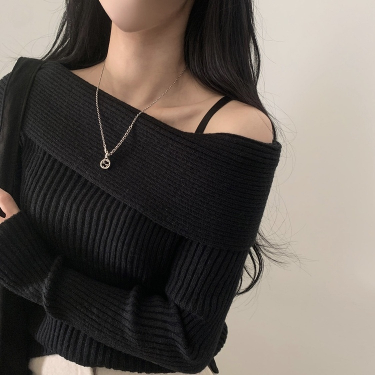 シンプルリブオフショルダーニット BLACK