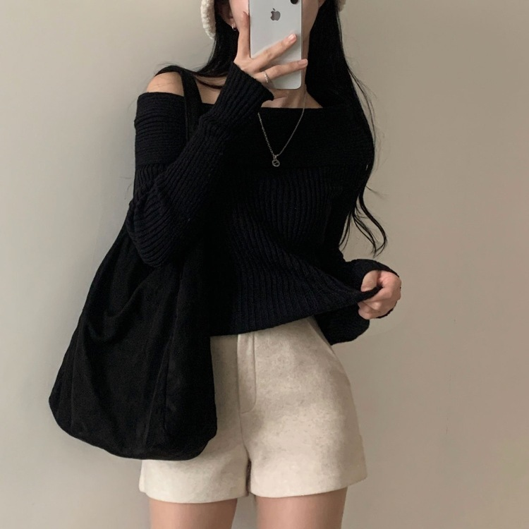 シンプルリブオフショルダーニット BLACK