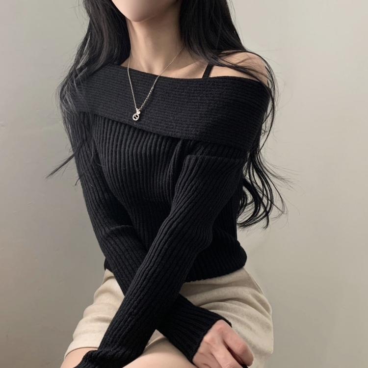 シンプルリブオフショルダーニット BLACK