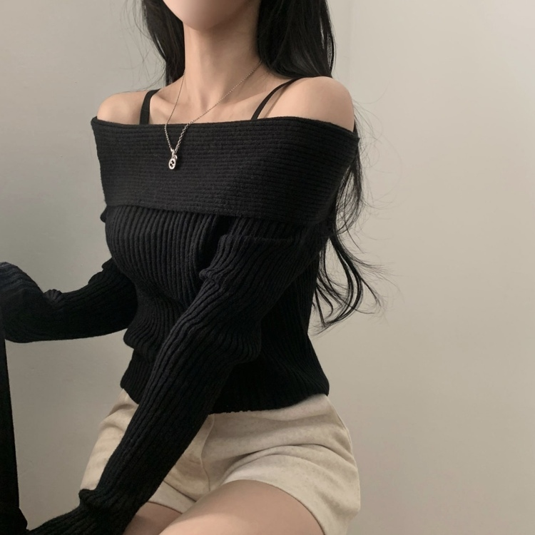 シンプルリブオフショルダーニット BLACK