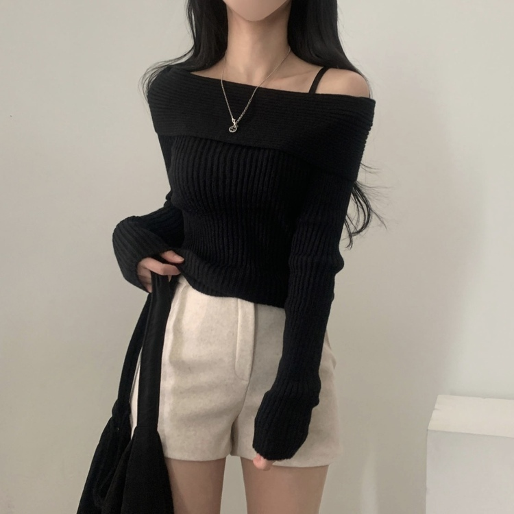 シンプルリブオフショルダーニット BLACK