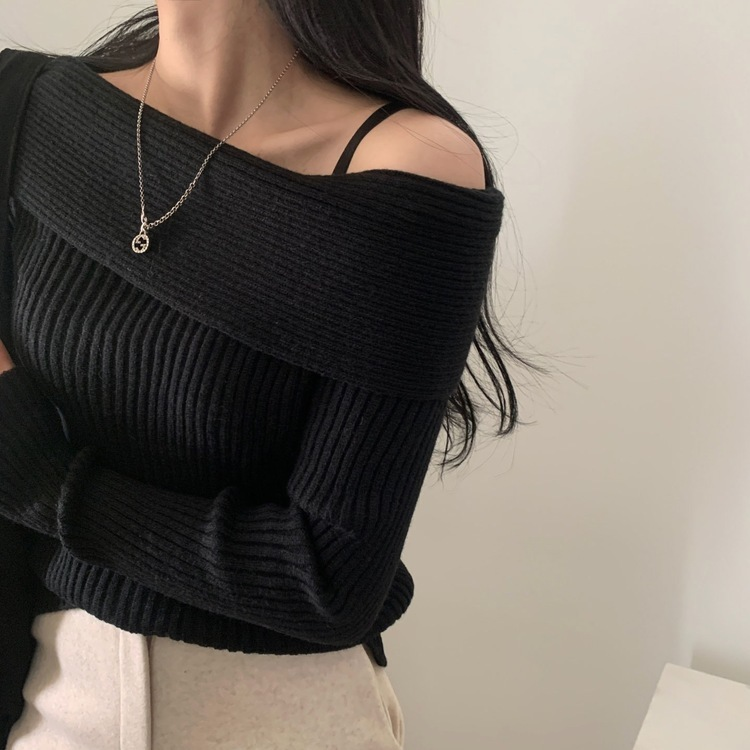 シンプルリブオフショルダーニット BLACK