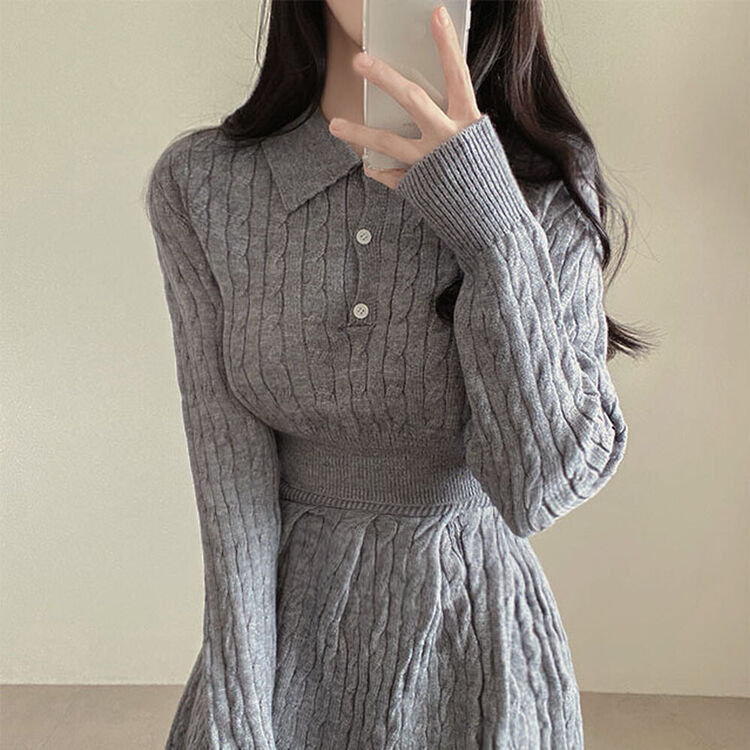 【SET】ケーブルクロップニット バンディングフレアミニスカート GRAY