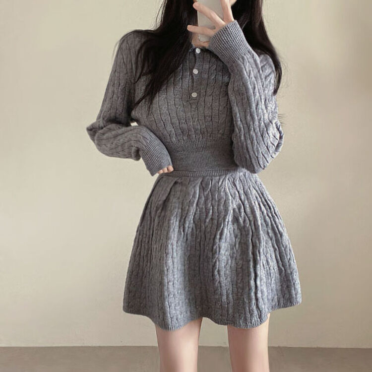 【SET】ケーブルクロップニット バンディングフレアミニスカート GRAY