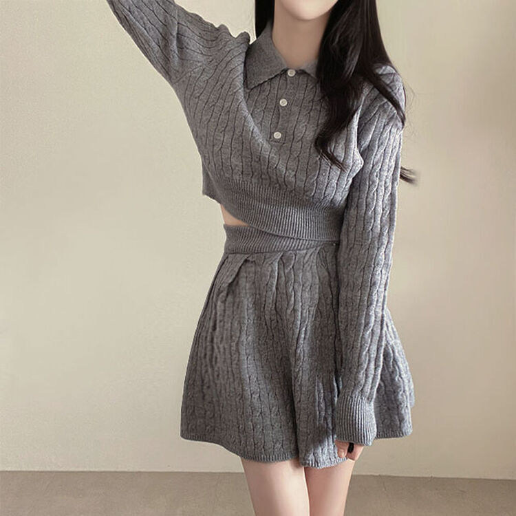 【SET】ケーブルクロップニット バンディングフレアミニスカート GRAY